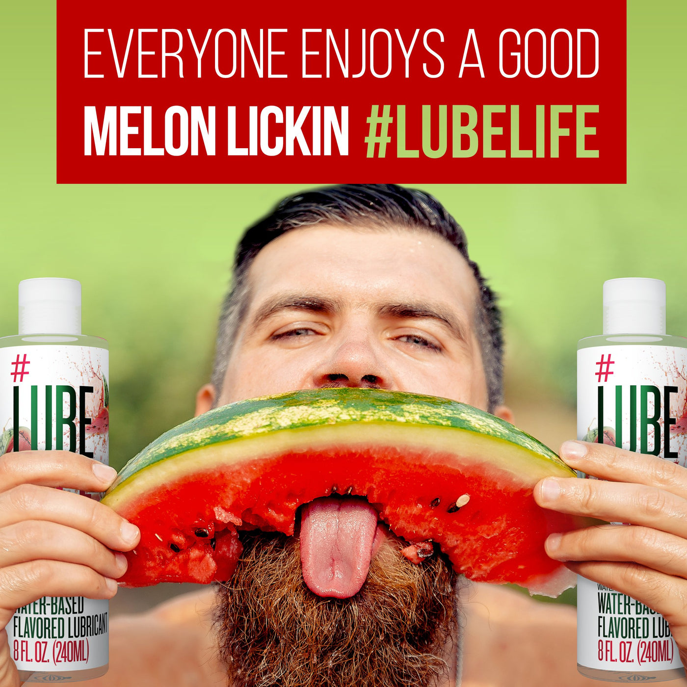 man holding two lubelife and eating watermelon 