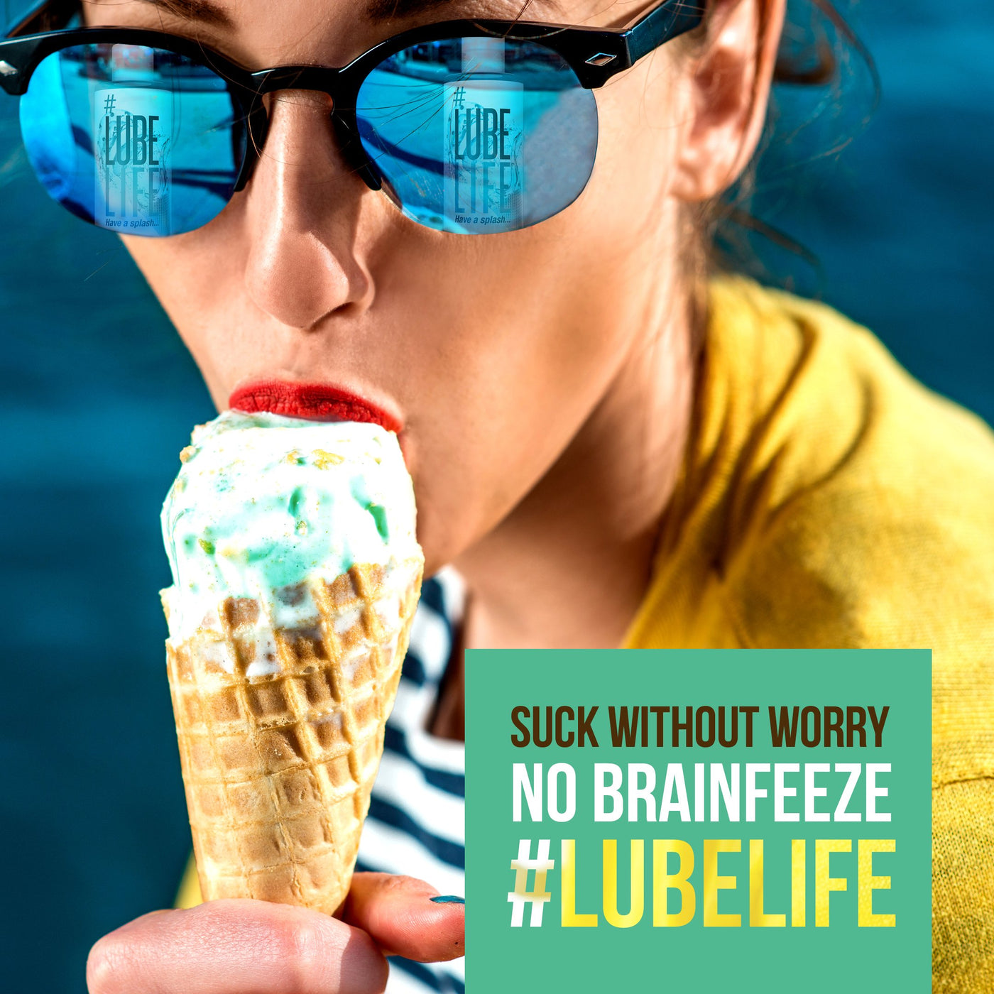 Closeup portrait of lady licking ice cream with lubelife reflection on sunglasses 